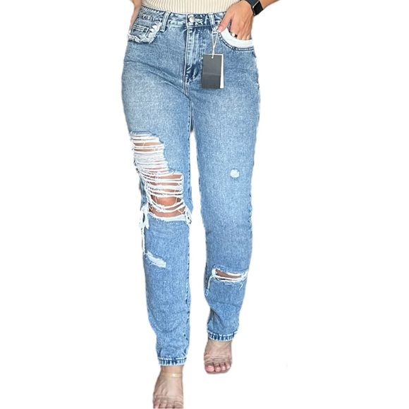 Flamingo Denim - NWT FLAMINGO Distressed Straight Leg Medium Wash Jeans Unique Pocket Detailing